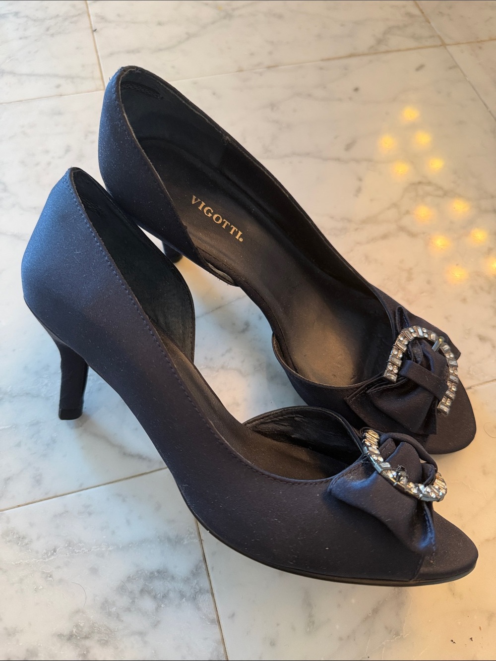 Vigotti Navy Satin Peep-Toe Heels with Crystal Buckle
